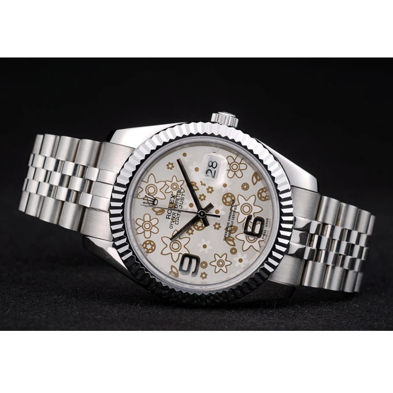 Aaa replica Rolex Dial Silver DateJust Swiss Bezel Steel Ribbed Flower 42001 Stainless 0803